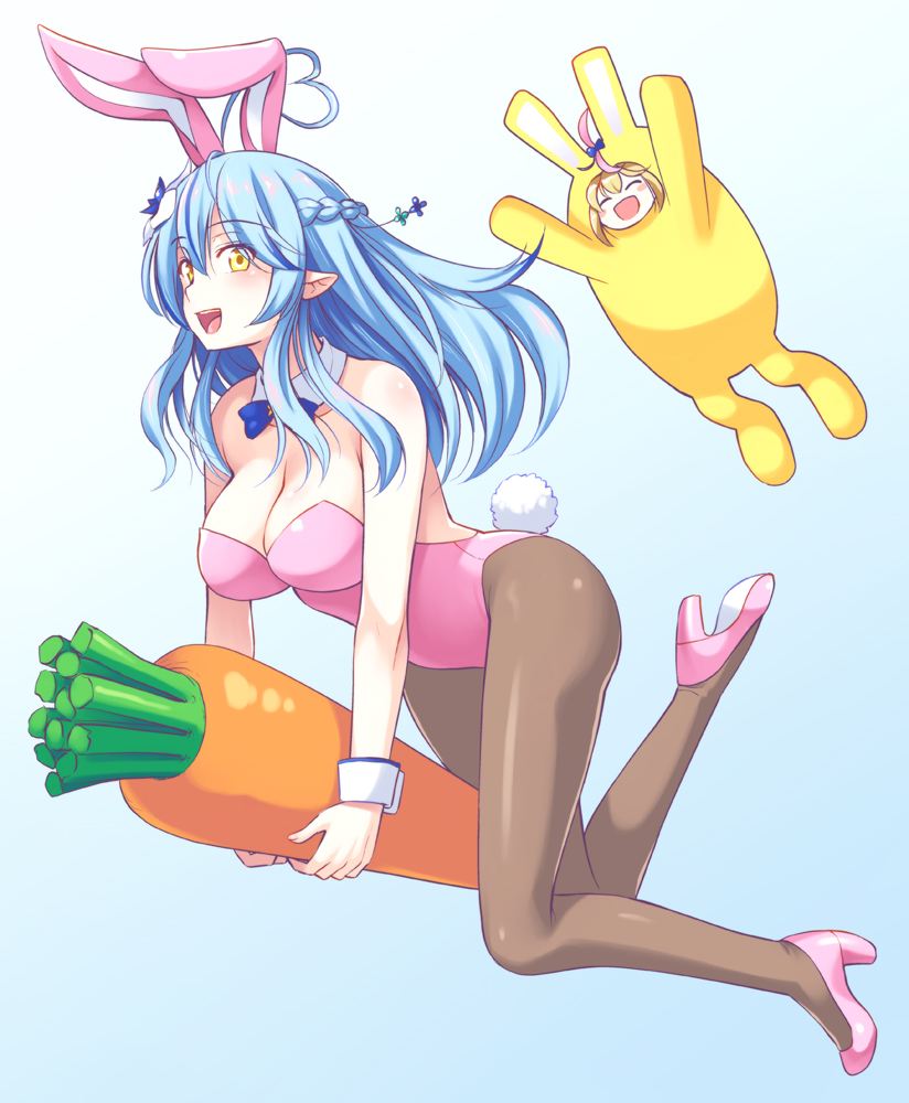 2girls, :d, ^_^, ahoge, animal_costume, animal_ears, bangs, bare_shoulders