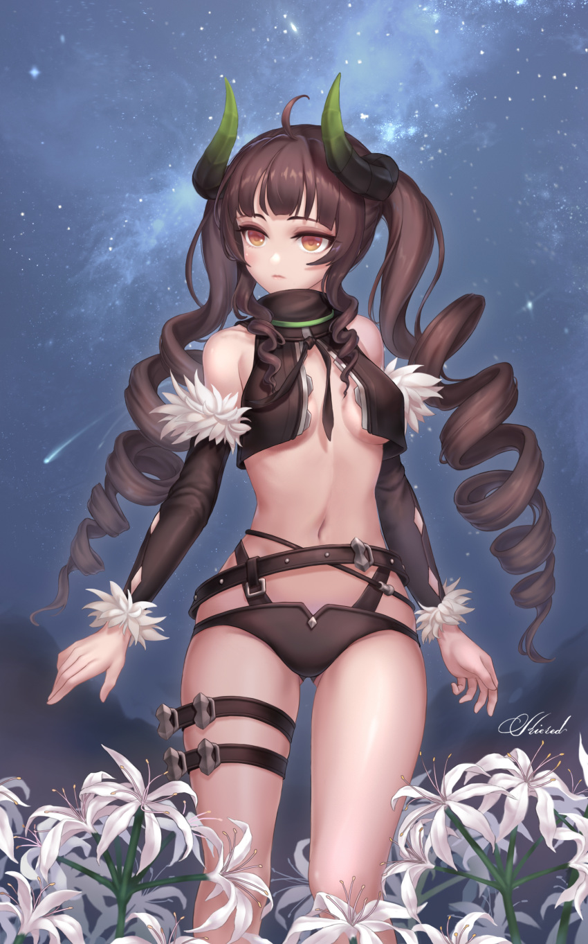 1girl, absurdres, ahoge, bare_shoulders, belt, black_panties, black_shirt, breasts