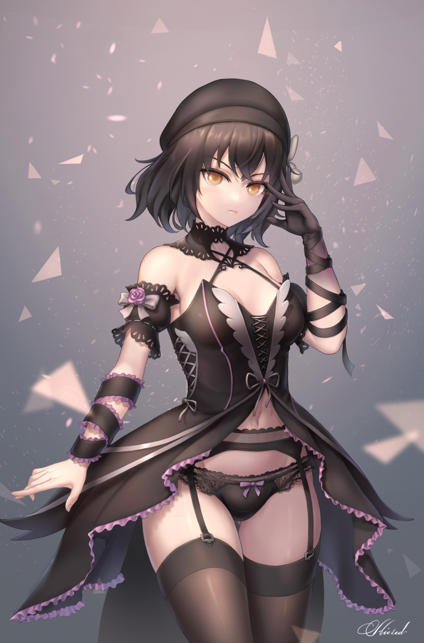 1girl, absurdres, alternate_hair_length, alternate_hairstyle, arm_cuffs, arm_ribbon, ass_visible_through_thighs, bangs