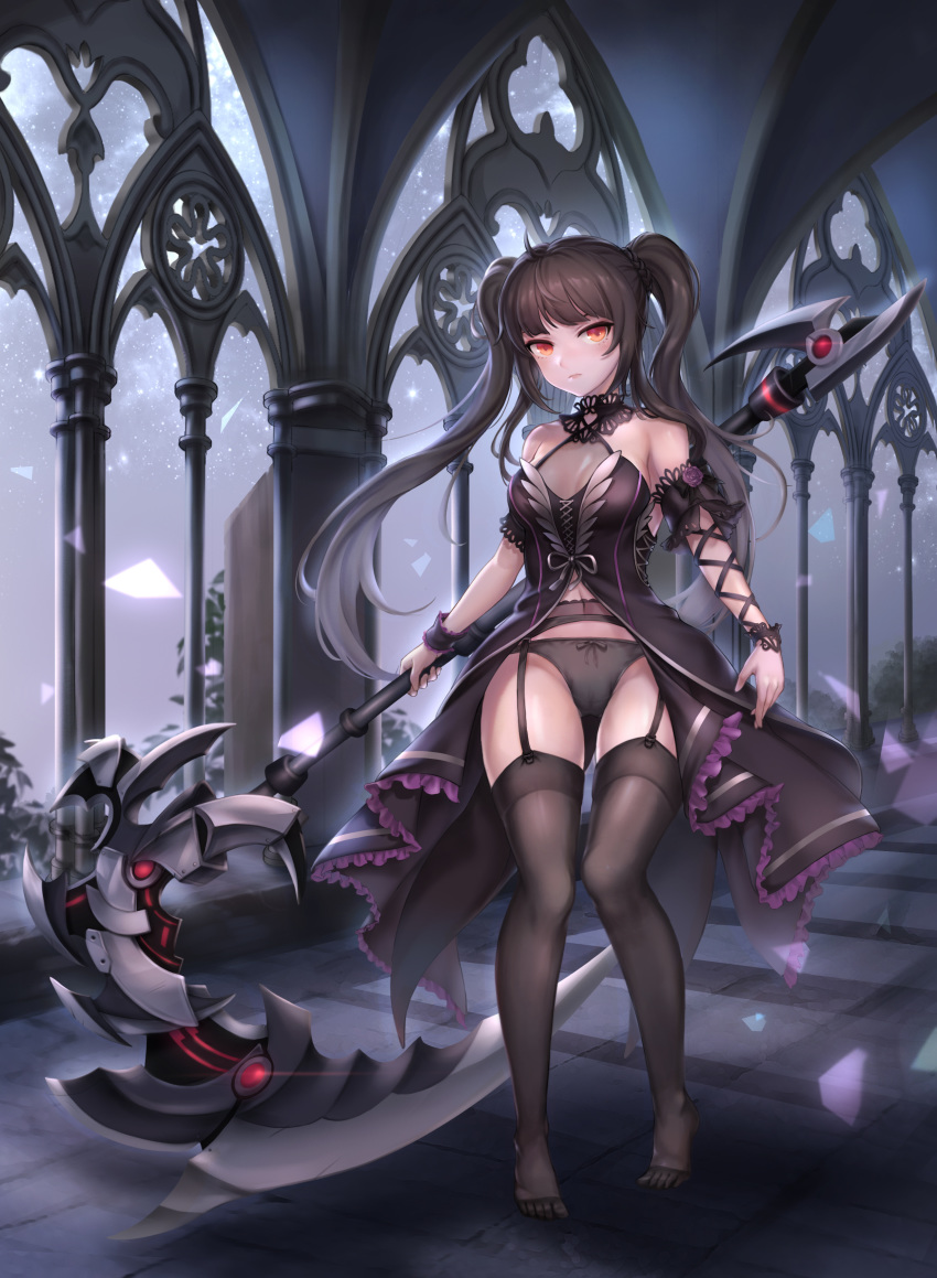 1girl, absurdres, architecture, bare_shoulders, black_dress, black_hair, black_legwear, black_panties