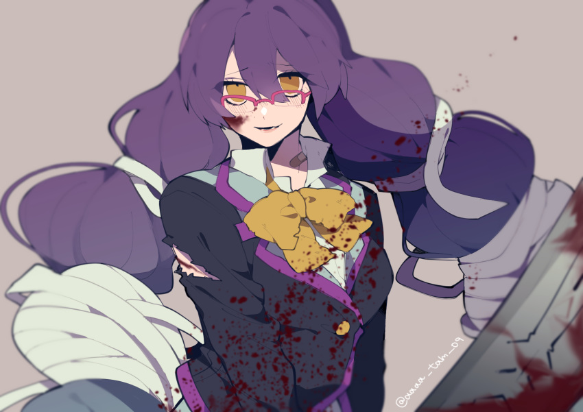 #compass, 1girl, blood, blood_splatter, blush, breasts, brown_eyes, chainsaw