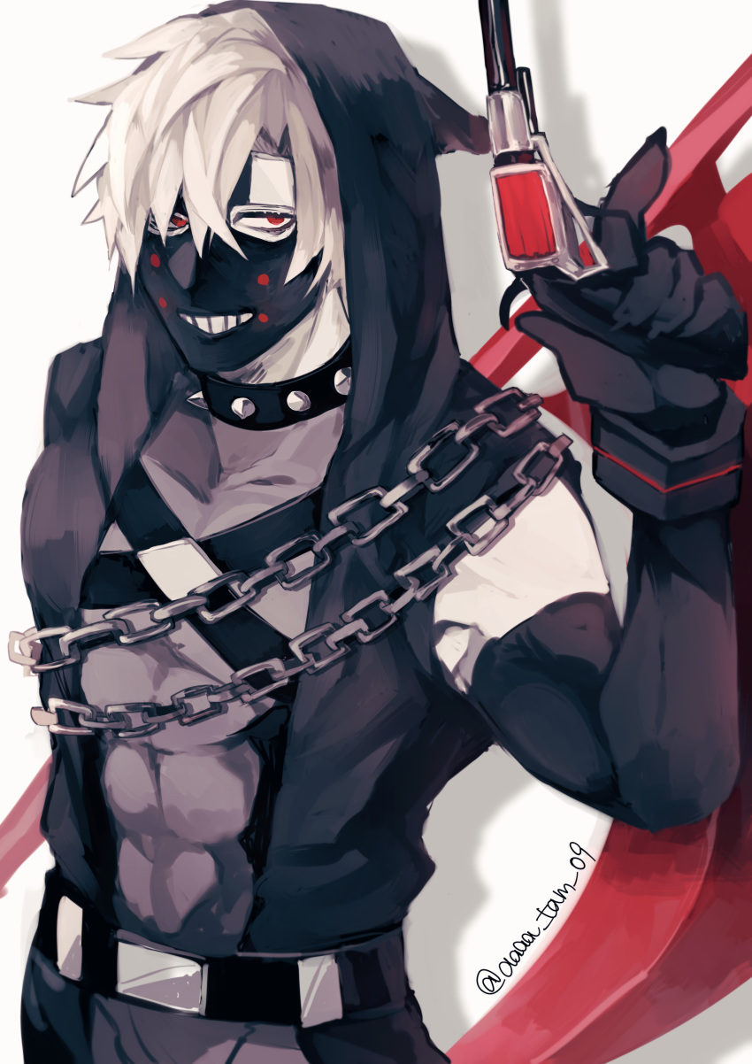 #compass, 1boy, abs, absurdres, belt, black_gloves, chain, collar