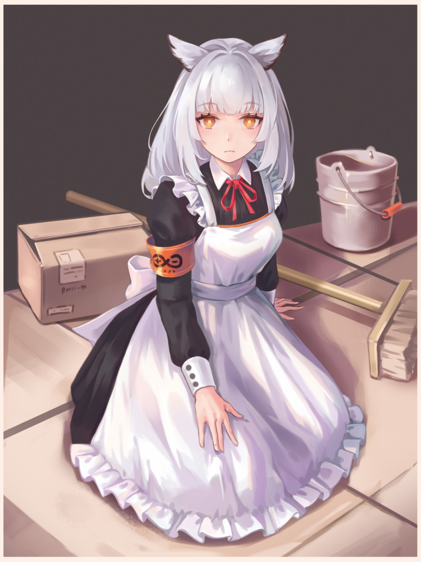 1girl, absurdres, alternate_costume, apron, arknights, armband, bangs, black_dress