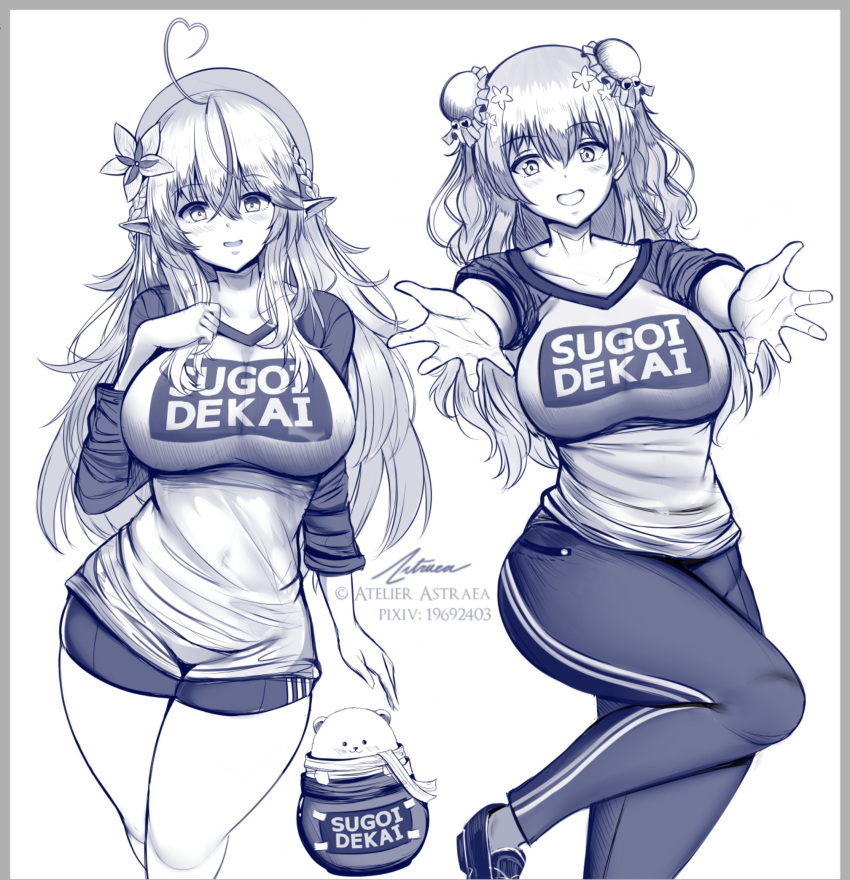 2girls, ahoge, artist_name, astraea_(atelierastraea), blush, breasts, double_bun, eyebrows_visible_through_hair, greyscale, gym_pants, hair_between_eyes, hair_ornament, highres, hololive, huge_breasts, long_hair, looking_at_viewer, momosuzu_nene, monochrome, multiple_girls, navel, shorts, signature, yukihana_lamy