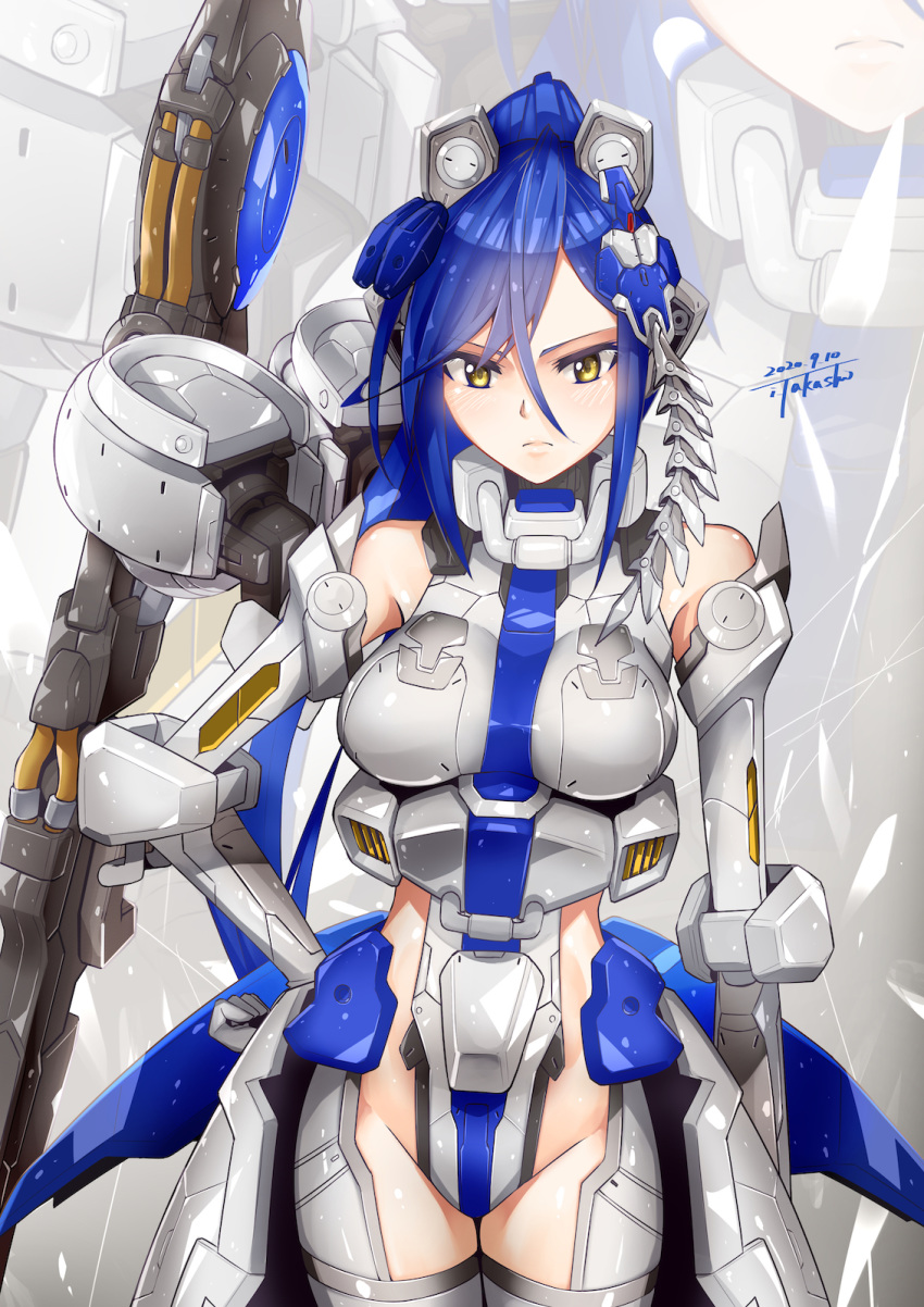 1girl, blue_hair, breasts, dated, gundam, gundam_wing, gundam_wing_endless_waltz, hand_on_hip