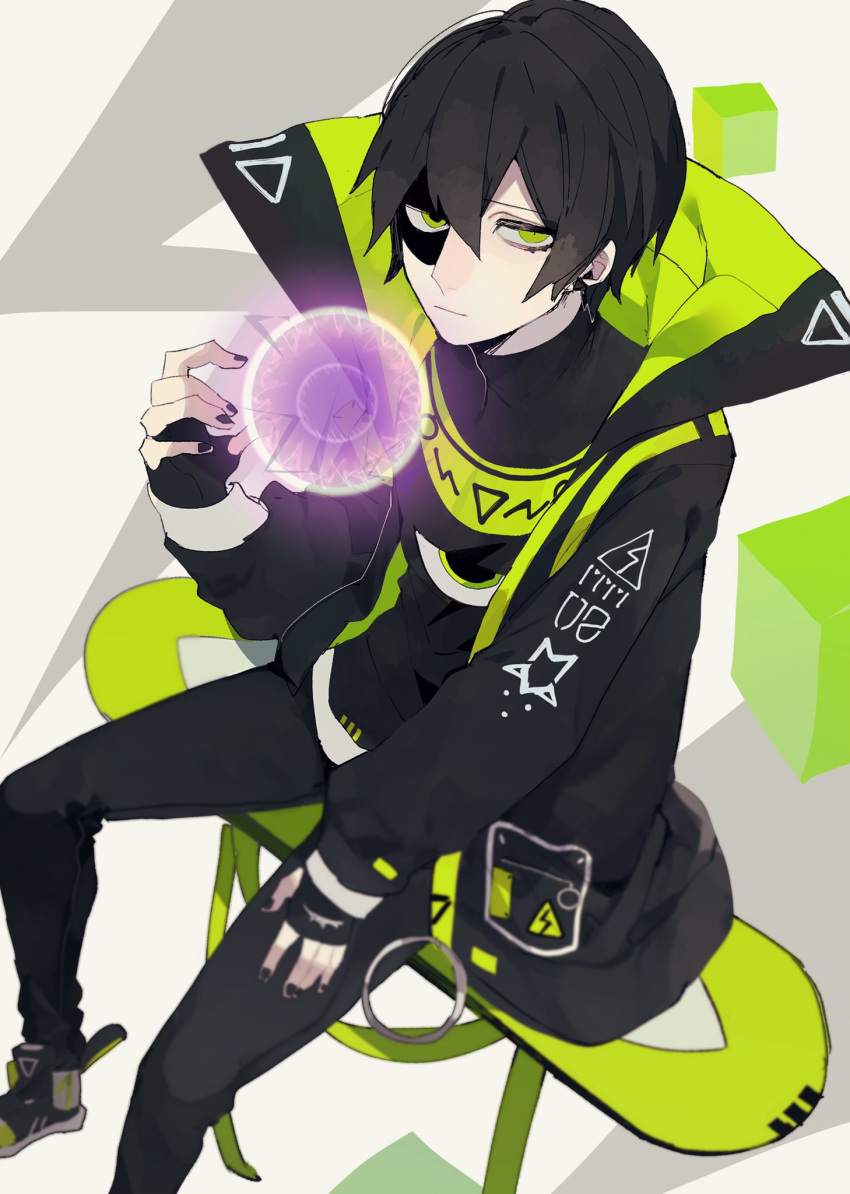 #compass, 1boy, black_gloves, black_hair, black_nails, fingerless_gloves, fingernails, full_body