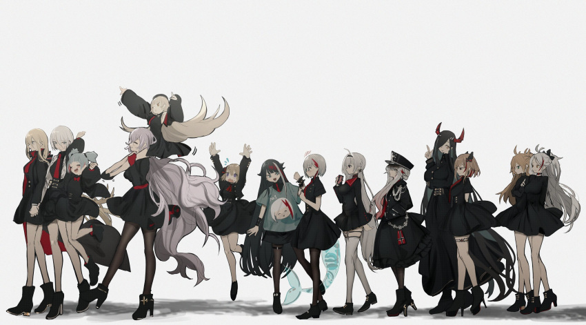 6+girls, admiral_graf_spee_(azur_lane), admiral_graf_spee_(maiden's_sunday)_(azur_lane), admiral_hipper_(azur_lane), alternate_costume, arm_under_breasts, azur_lane, bismarck_(azur_lane), black_bow, black_cape, black_choker, black_coat, black_dress, black_footwear, black_hair, black_hairband, black_headwear, black_jacket, black_skirt, blonde_hair, blue_eyes, blue_hair, blue_shirt, bow, breasts, brown_eyes, cape, choker, coat, deutschland_(azur_lane), dress, earrings, friedrich_der_grosse_(azur_lane), gloves, gradient_hair, graf_zeppelin_(azur_lane), grey_background, hair_bow, hair_over_one_eye, hairband, hands_up, hat, headgear, high_heels, highres, horns, iron_cross, jacket, jewelry, jumping, large_breasts, long_dress, long_hair, long_sleeves, mainz_(azur_lane), mechanical_horns, medium_breasts, military_hat, miniskirt, multicolored_hair, multiple_girls, narue, necktie, odin_(azur_lane), orange_hair, padded_coat, pantyhose, peaked_cap, pleated_skirt, prinz_eugen_(azur_lane), red_cape, red_gloves, red_horns, red_neckwear, redhead, roon_(azur_lane), shark_tail, shirt, short_hair, short_necktie, short_sleeves, silver_hair, simple_background, skin_tight, skindentation, skirt, streaked_hair, thigh-highs, thigh_strap, tirpitz_(azur_lane), two-tone_cape, two-tone_hair, u-556_(azur_lane), very_long_hair, white_hair, white_legwear, yellow_eyes, z23_(azur_lane), z46_(azur_lane)