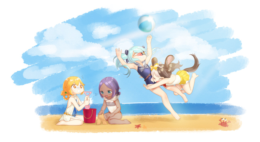 4girls, @_@, absurdres, animal_ears, barefoot, beach, blonde_hair, blush