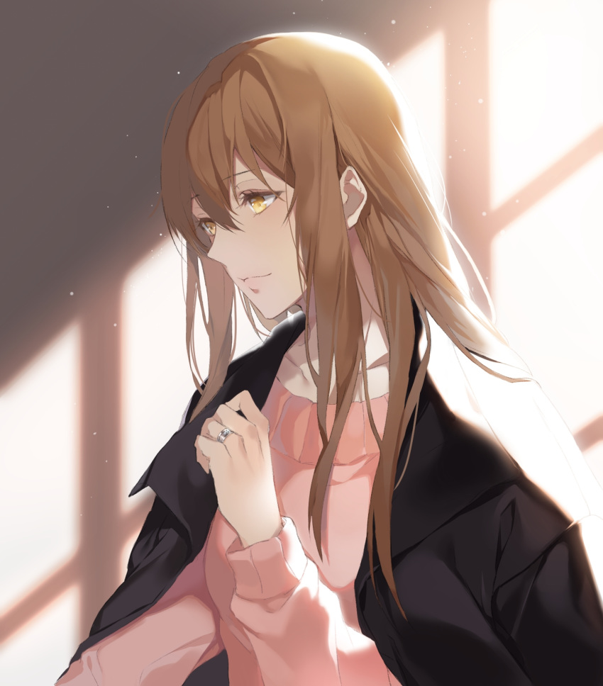 1girl, black_jacket, brown_hair, hair_between_eyes, hand_up, highres, indoors, jacket, jewelry, long_hair, long_sleeves, musu0626, pink_sweater, protagonist_(susanghan_messenger), ring, sidelocks, solo, susanghan_messenger, sweater, yellow_eyes