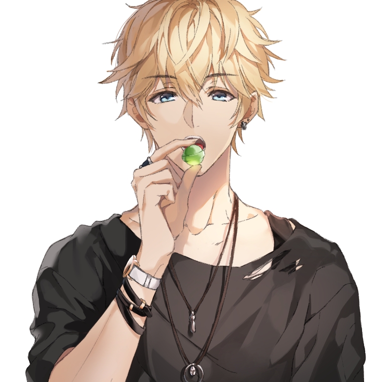 1boy, black_shirt, blonde_hair, blue_eyes, candy, earrings, eyebrows_visible_through_hair, food