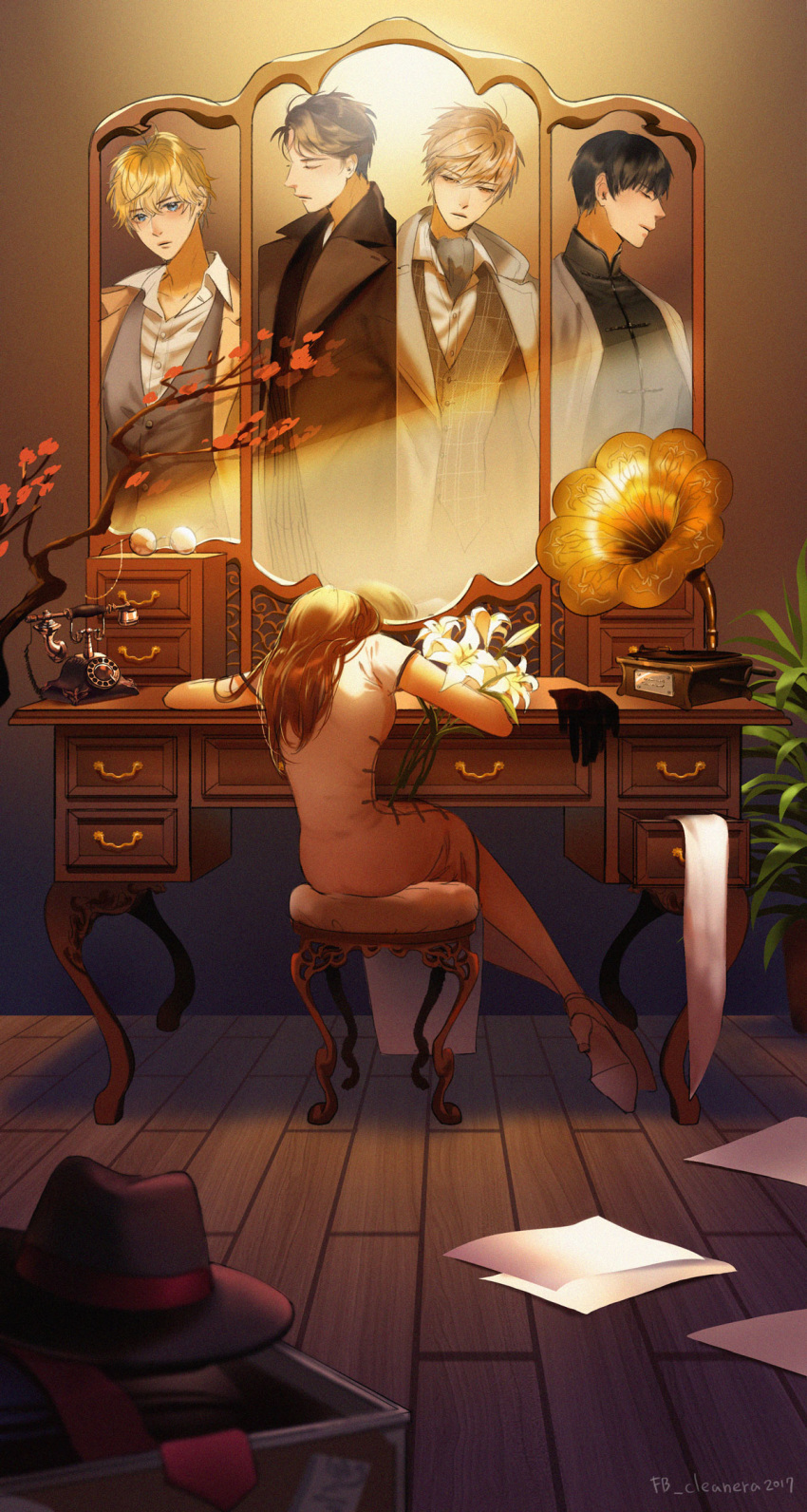 1girl, 4boys, bai_qi_(love_and_producer), black_gloves, blonde_hair, blue_eyes, brown_coat, chinese_clothes, cleanera2017, closed_eyes, coat, desk, dress, eyewear_removed, flower, gloves, gloves_removed, grey_neckwear, hat, hat_removed, headwear_removed, highres, indoors, li_zeyan, lily_(flower), love_and_producer, mirror, mo_xu, multiple_boys, paper, phone, phonograph, protagonist_(love_and_producer), vest, white_coat, white_dress, zhou_quiluo