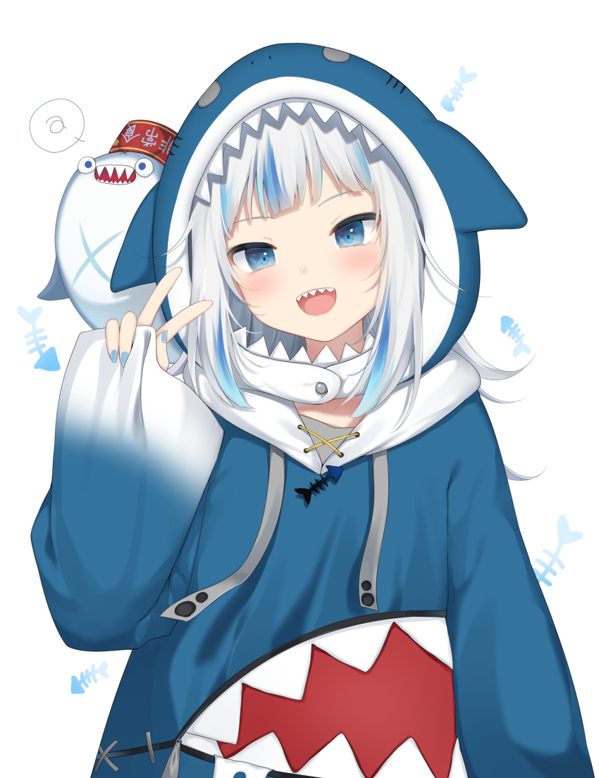 1girl, :d, amashiro_natsuki, blue_hair, blue_hoodie, blue_nails, commentary, drawstring, gawr_gura, hand_up, highres, hololive, hololive_english, hood, hood_down, hoodie, long_sleeves, looking_at_viewer, multicolored_hair, nail_polish, official_art, open_mouth, pinching_sleeves, shark_hood, sharp_teeth, simple_background, sleeves_past_wrists, smile, solo, streaked_hair, teeth, upper_body, w, white_background, white_hair