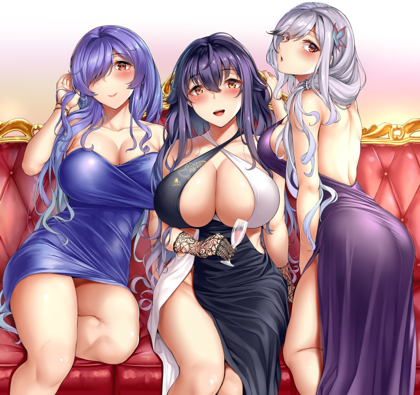 3104_(3104milkshake), 3girls, :d, ass, azuma_(azur_lane), azur_lane, bangs, bare_shoulders