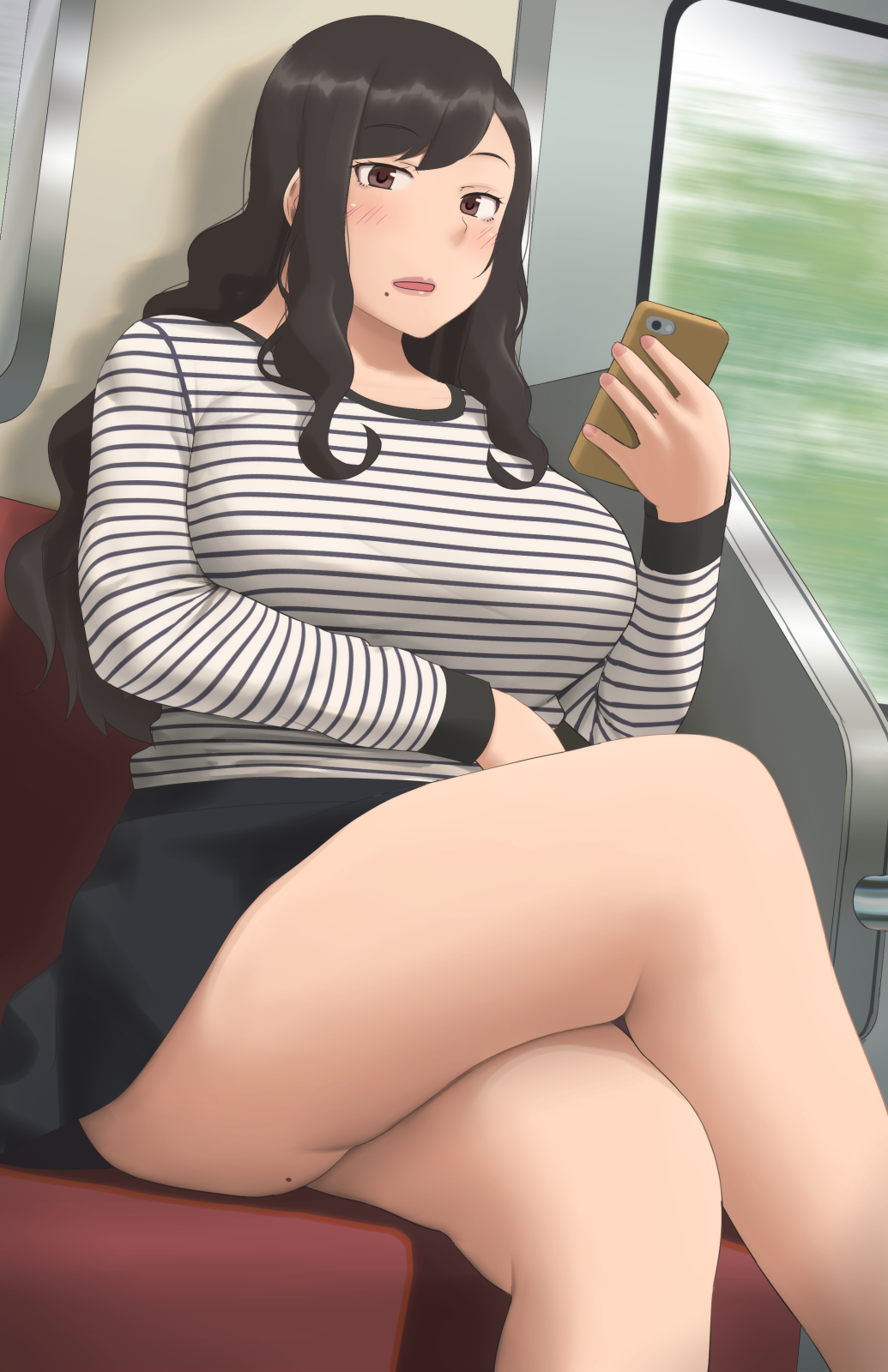 1girl, :o, black_hair, black_skirt, breasts, brown_eyes, cellphone, crossed_legs