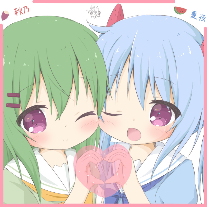 2girls, ;), ;d, bangs, blue_bow, blue_dress, blue_hair, blush
