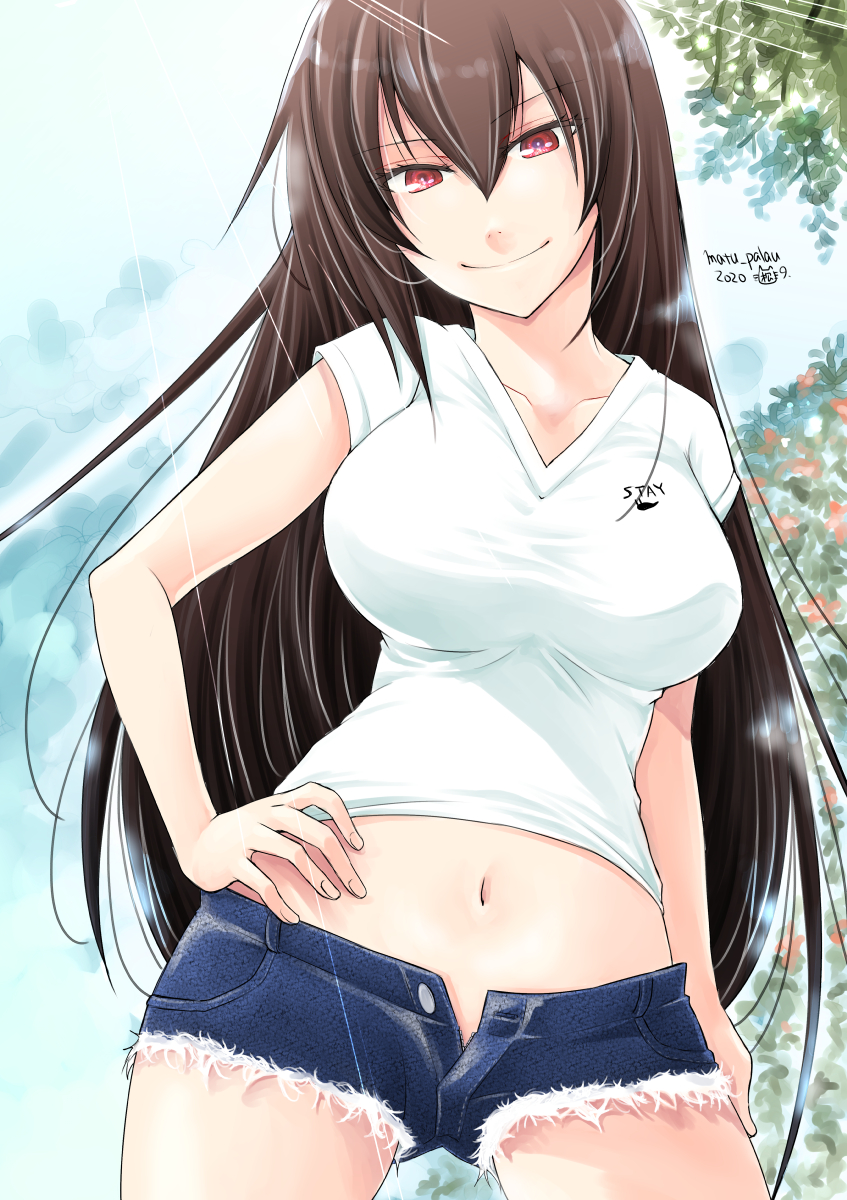 1girl, alternate_costume, bad_anatomy, black_hair, black_shorts, casual, commentary_request, cutoffs, denim, denim_shorts, hand_on_hip, highres, kantai_collection, long_hair, looking_at_viewer, matsuura@parao, nagato_(kantai_collection), navel, open_fly, red_eyes, shirt, short_shorts, shorts, solo, t-shirt, white_shirt