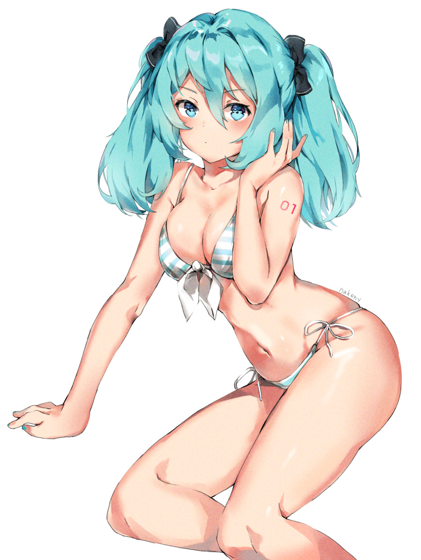 1girl, aqua_eyes, aqua_hair, aqua_nails, arm_support, artist_name, bikini, breasts, hair_between_eyes, hatsune_miku, highres, medium_breasts, nakony, navel, number_tattoo, shoulder_tattoo, side-tie_bikini, simple_background, solo, striped, striped_bikini, swimsuit, tattoo, twintails, vocaloid, white_background