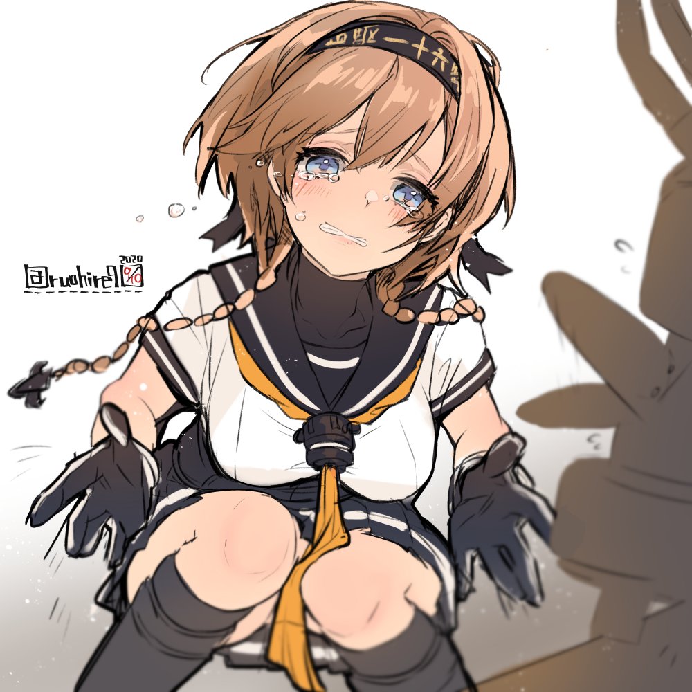 1girl, artist_name, bad_anatomy, bad_leg, black_headband, black_sailor_collar, black_skirt, blue_eyes, blush, braid, brown_hair, chou-10cm-hou-chan_(teruzuki's), crying, crying_with_eyes_open, eyebrows_visible_through_hair, gloves, hachimaki, hair_between_eyes, hair_ornament, headband, kantai_collection, long_hair, multicolored, multicolored_clothes, multicolored_gloves, neckerchief, orange_neckwear, pleated_skirt, propeller_hair_ornament, ruohire9, sailor_collar, school_uniform, serafuku, short_sleeves, skirt, solo, tears, teruzuki_(kantai_collection), twin_braids