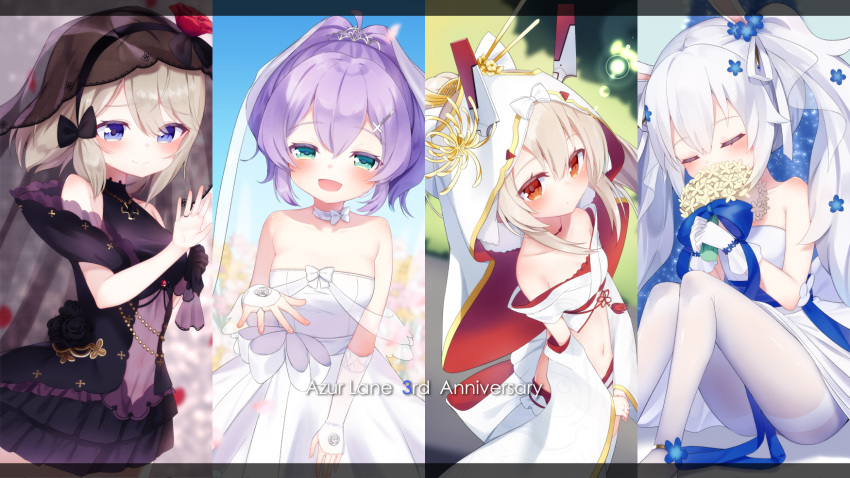 4girls, :d, animal_ears, anniversary, ayanami_(azur_lane), ayanami_(demon's_dress)_(azur_lane), azur_lane, bangs