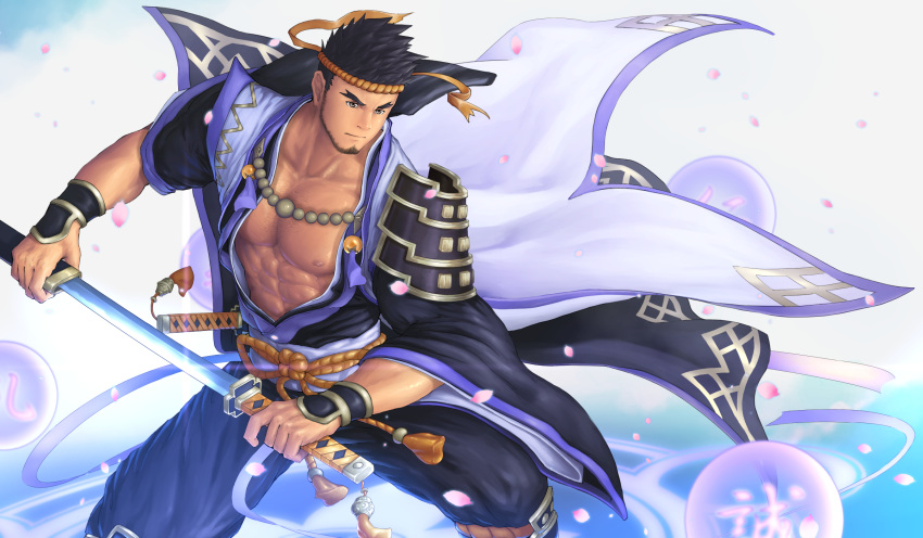 1boy, abs, bara, beard, black_hair, chest, facial_hair, feet_out_of_frame, fighting_stance, forked_eyebrows, gyee, hachimaki, headband, highres, japanese_clothes, katana, kimono, ko_shushu, lan_(gyee), male_focus, manly, muscle, nipples, open_clothes, open_kimono, pectorals, petals, solo, sword, weapon