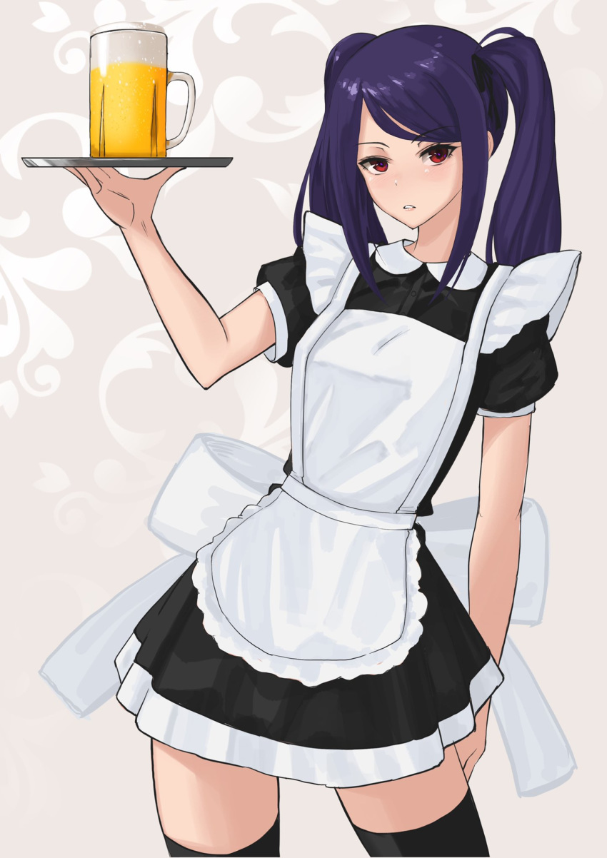 1girl, alcohol, alternate_costume, apron, bangs, beer, beer_mug, black_dress, black_legwear, blush, bow, breasts, commentary, contrapposto, cowboy_shot, cup, dress, english_commentary, enmaided, fiesta_(fiesta303), highres, jill_stingray, long_hair, looking_at_viewer, maid, maid_apron, mug, pose, puffy_short_sleeves, puffy_sleeves, purple_hair, red_eyes, short_dress, short_sleeves, small_breasts, solo, standing, swept_bangs, thigh-highs, tray, twintails, va-11_hall-a, white_bow, zettai_ryouiki