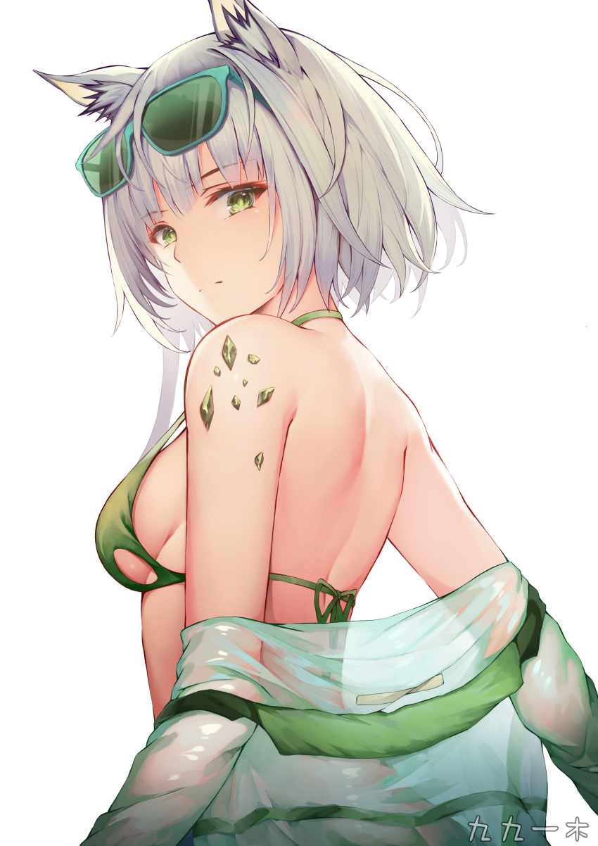1girl, absurdres, animal_ear_fluff, animal_ears, aqua-framed_eyewear, arknights, bangs, bare_shoulders, bikini, breasts, closed_mouth, eyebrows_visible_through_hair, eyewear_on_head, from_side, green-tinted_eyewear, green_bikini, green_eyes, highres, jacket, kal'tsit_(arknights), looking_at_viewer, looking_to_the_side, medium_breasts, off_shoulder, open_clothes, open_jacket, rafael-m, see-through, short_hair, sideboob, silver_hair, simple_background, solo, strap_gap, sunglasses, swimsuit, upper_body, white_background, white_jacket