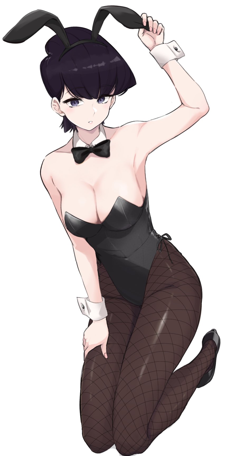 1girl, animal_ears, arm_up, ayatak0517, bangs, bare_shoulders, black_footwear, black_hair