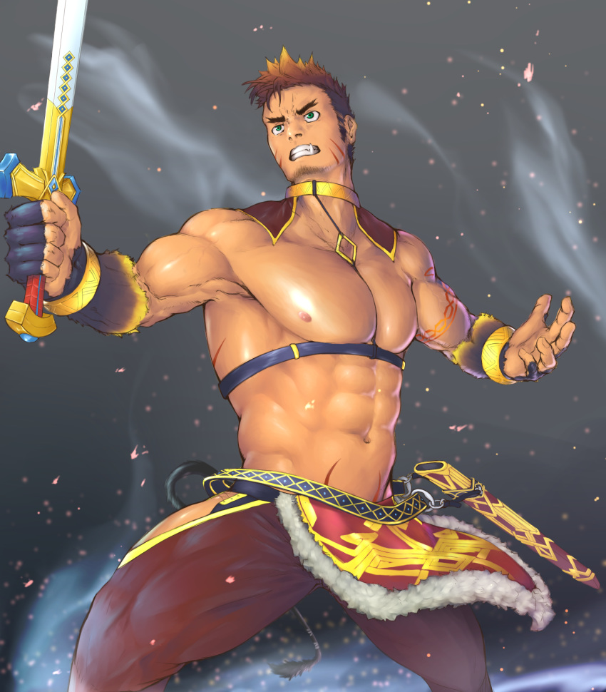 1boy, abs, bara, blue_eyes, brown_hair, bulge, chest, chest_harness