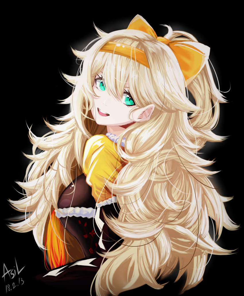 1girl, absurdres, alternate_costume, aqua_eyes, artist_name, asil, black_background, blonde_hair