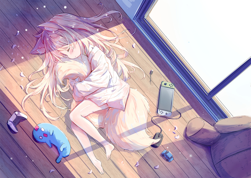 1girl, animal_ear_fluff, animal_ears, bangs, barefoot, between_legs, blonde_hair, blush