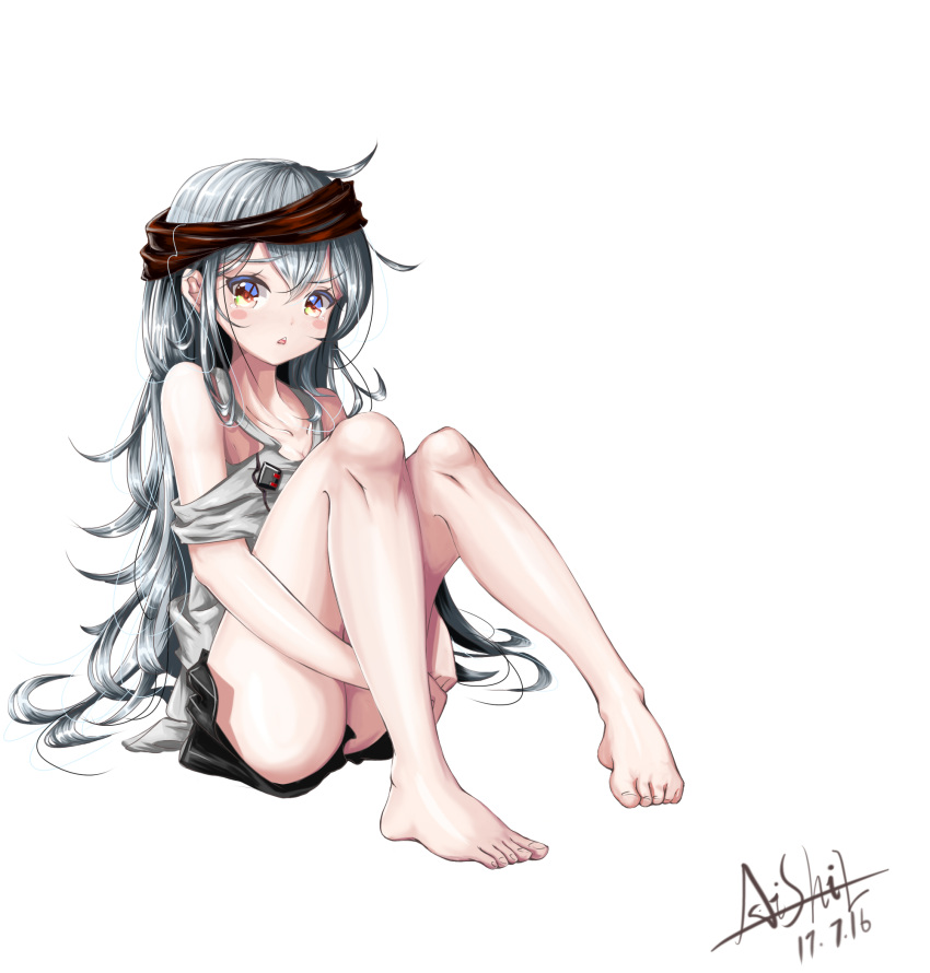 1girl, asil, bare_legs, barefoot, blue_hair, blush, brown_eyes, collarbone