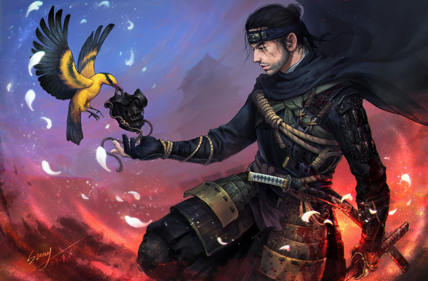 1boy, animal, arm_at_side, armor, bird, black_cape, black_eyes, black_gloves