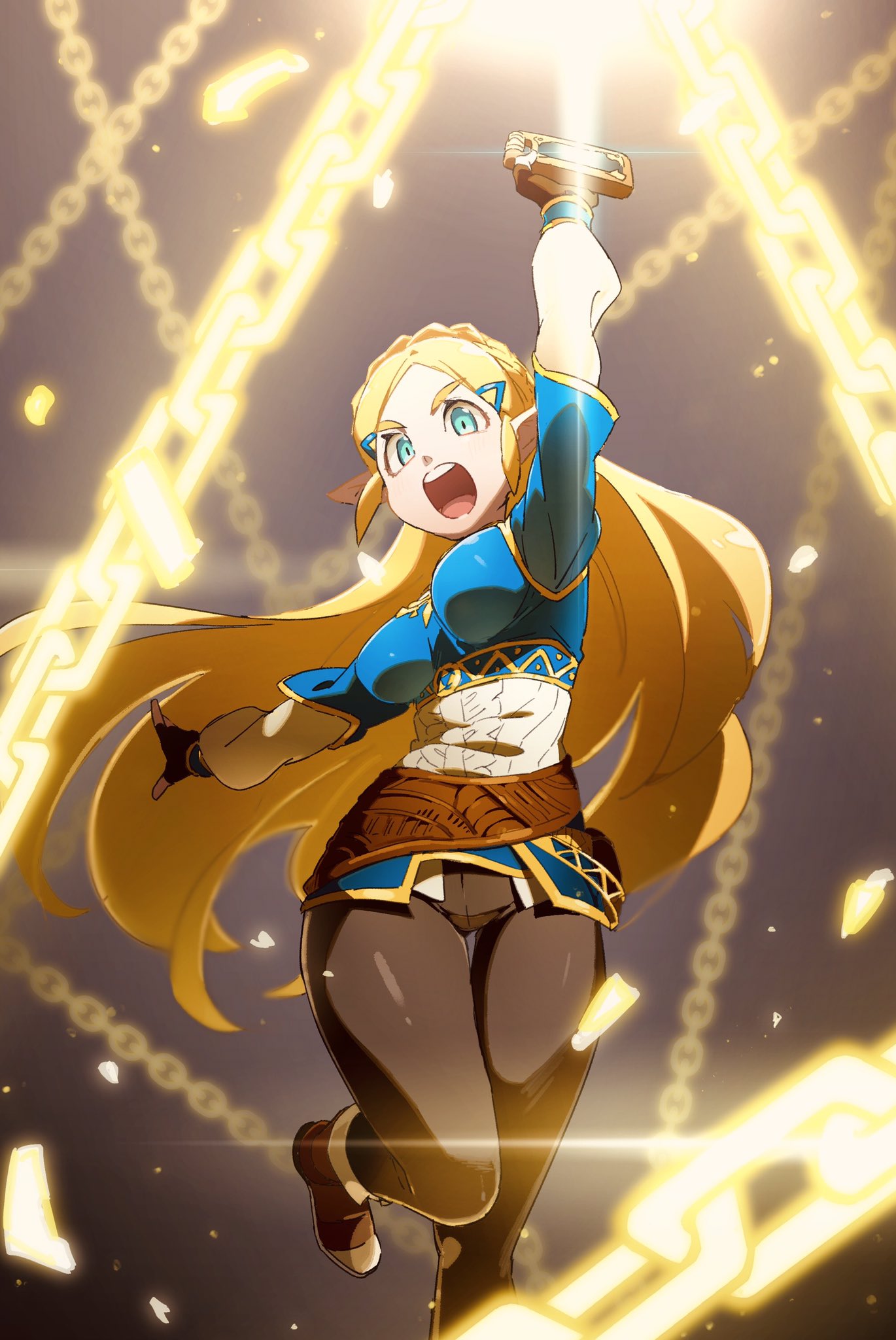 1girl, arm_up, bangs, belt, black_gloves, black_pants, blonde_hair, blue_shirt, boots, bound, braid, breasts, brown_footwear, chain, crown_braid, fingerless_gloves, gloves, glowing, hair_ornament, hairclip, highres, holding, impossible_clothes, impossible_shirt, knee_boots, koi_(nisikicoi), layered_sleeves, leg_up, long_hair, long_sleeves, medium_breasts, open_mouth, pants, parted_bangs, pointy_ears, princess_zelda, round_teeth, sheikah_slate, shirt, sidelocks, solo, standing, standing_on_one_leg, teeth, the_legend_of_zelda, the_legend_of_zelda:_breath_of_the_wild, thick_eyebrows, thigh_gap, tight, tight_pants, upper_teeth, v-shaped_eyebrows, very_long_hair, zelda_musou