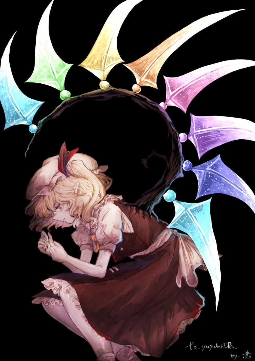 1girl, ascot, bangs, black_background, blonde_hair, bow, crystal, flandre_scarlet