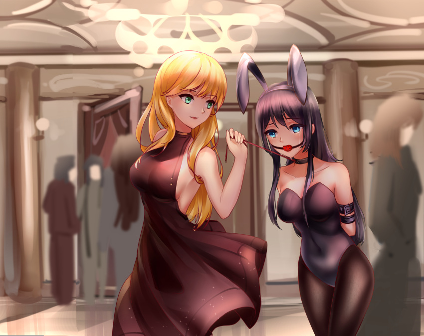2girls, absurdres, animal_ears, ball_gag, bare_shoulders, blonde_hair, blue_eyes, blush