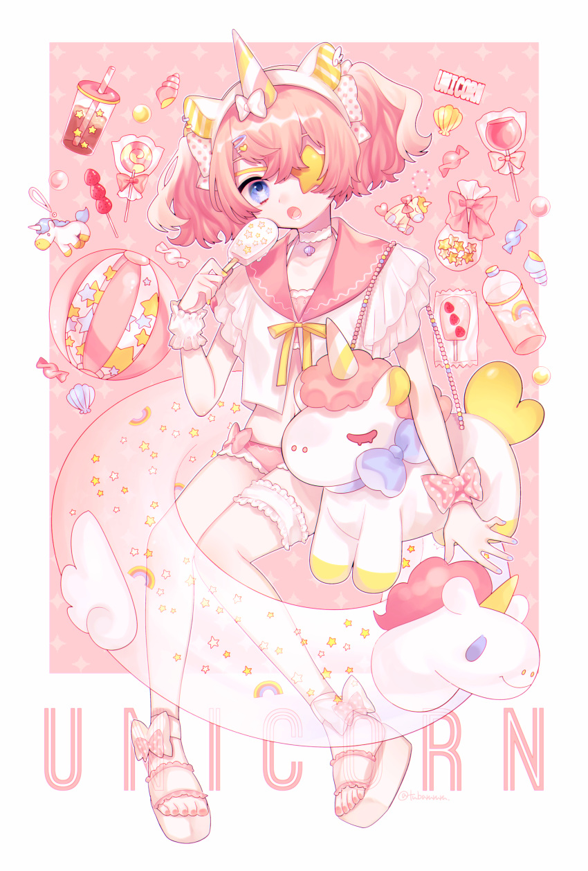 1girl, absurdres, animal_ears, bag_charm, ball, beachball, beads, bikini, blue_eyes, blue_nails, bow, candy, candy_apple, charm_(object), choker, drink, eyepatch, fake_animal_ears, food, frilled_bikini, frilled_footwear, frilled_garter, frilled_sleeves, frills, hair_ornament, hairclip, headband, highres, horns, innertube, lollipop, open_mouth, open_toe_shoes, original, pearl_(gemstone), piercing, pink_background, pink_bow, pink_hair, pink_sailor_collar, platform_footwear, polka_dot, polka_dot_bow, popsicle, ribbon, sailor_collar, shell, short_hair, single_garter, single_horn, star_eyepatch, stuffed_unicorn, swimsuit, tsubaki_tsubaru, twintails, unicorn, white_bow, white_footwear, wing_hair_ornament, wrist_bow, wrist_cuffs, yellow_nails, yellow_ribbon