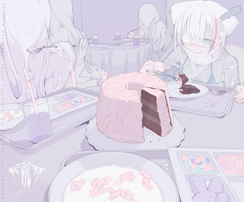 1girl, animal_ears, bandaid, blue_eyes, blue_nails, cake, cat_ears, cereal