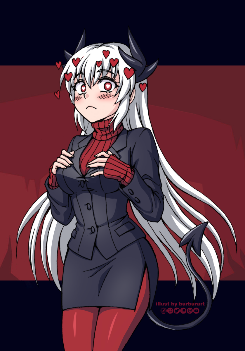1girl, black_skirt, blush, burbur, cosplay, demon_girl, english_text, fake_screenshot, fate/grand_order, fate_(series), formal, frown, hair_between_eyes, hands_up, heart, helltaker, highres, horns, kiyohime_(fate/grand_order), long_hair, long_sleeves, looking_at_viewer, modeus_(helltaker), modeus_(helltaker)_(cosplay), parody, pencil_skirt, red_eyes, red_sweater, ribbed_sweater, skirt, solo, style_parody, sweater, symbol-shaped_pupils, tail, turtleneck, vanripper_(style), visual_novel