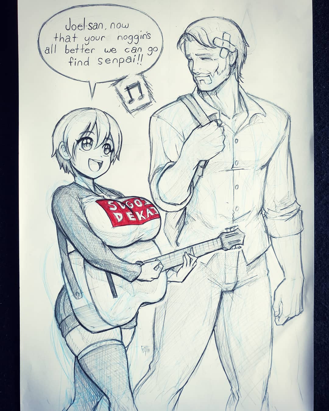 1boy, 1girl, bandaged_head, bandages, breasts, closed_eyes, crossover, english_commentary