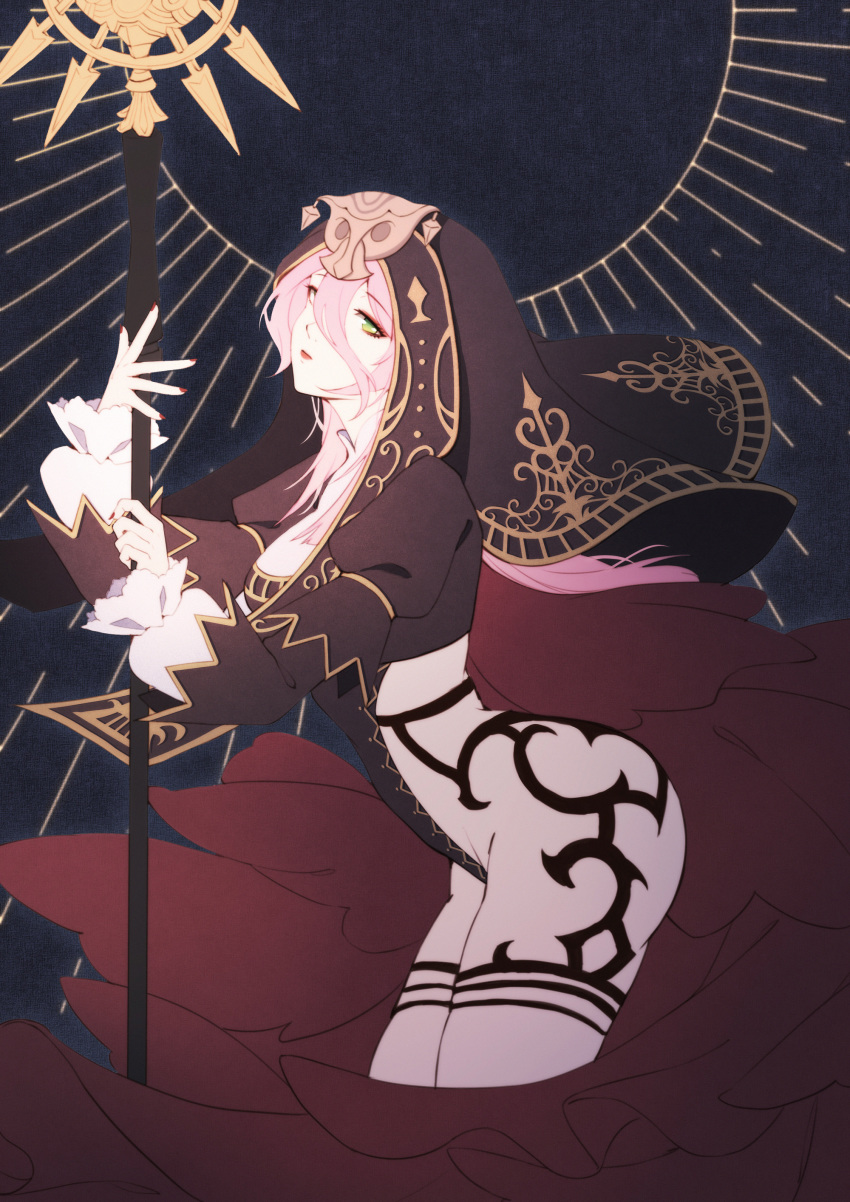 1girl, absurdres, breasts, covered_navel, dark_background, final_fantasy, final_fantasy_xiv, green_eyes, hair_between_eyes, highres, holding, holding_staff, long_hair, long_sleeves, looking_at_viewer, lyra-kotto, medium_breasts, necromancer_(final_fantasy), pale_skin, pink_hair, profile, puffy_long_sleeves, puffy_sleeves, solo, spectral_necromancer, staff, standing, tattoo, veil