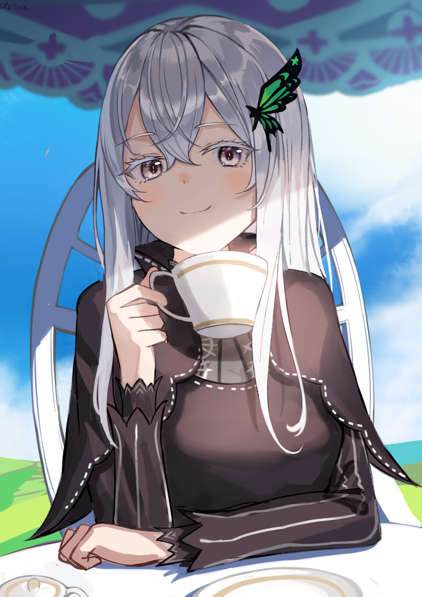 1girl, absurdres, aroa_(aroamoyasi), bangs, black_capelet, blue_sky, blush, brown_eyes