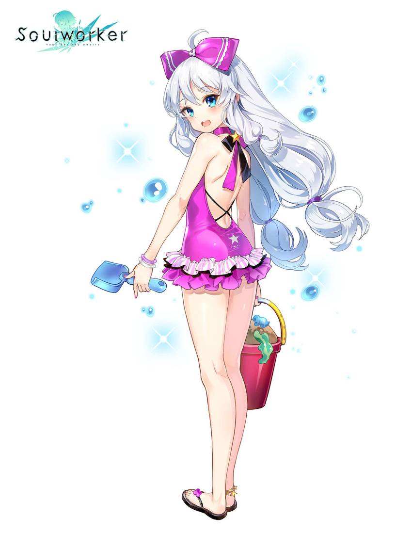 1girl, :d, ahoge, artist_request, back, backless_swimsuit, bare_legs, bare_shoulders