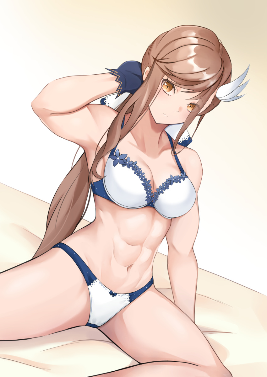 1girl, abs, arm_up, armpits, bangs, blue_gloves, bow, bow_panties, bra, breasts, brown_eyes, brown_hair, defender_(girls_frontline), girls_frontline, gloves, hair_ornament, hakugin006, highres, lingerie, long_hair, medium_breasts, muscle, muscular_female, navel, panties, solo, underwear, underwear_only, very_long_hair, white_bra, white_panties