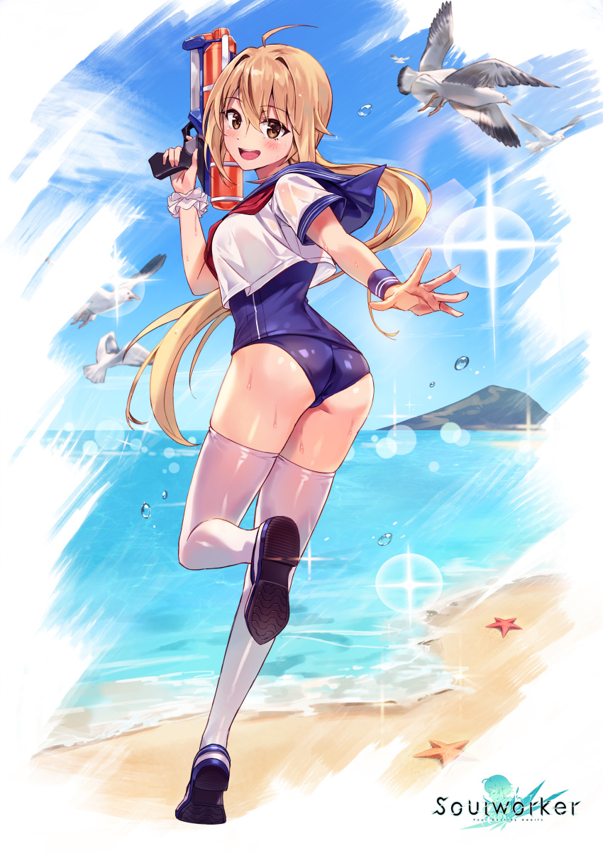 1girl, :d, absurdres, ahoge, animal, ass, beach, bird