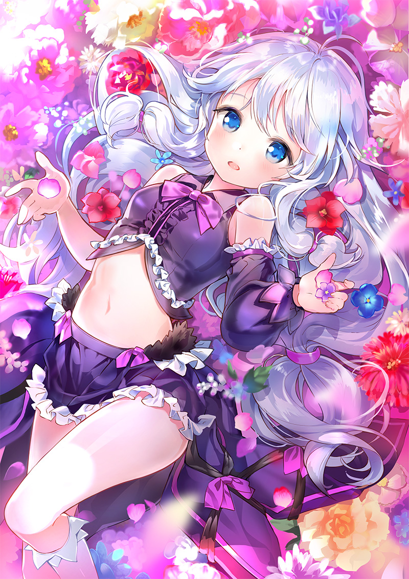 1girl, antenna_hair, bare_shoulders, blue_eyes, blue_flower, bow, bowtie, breasts
