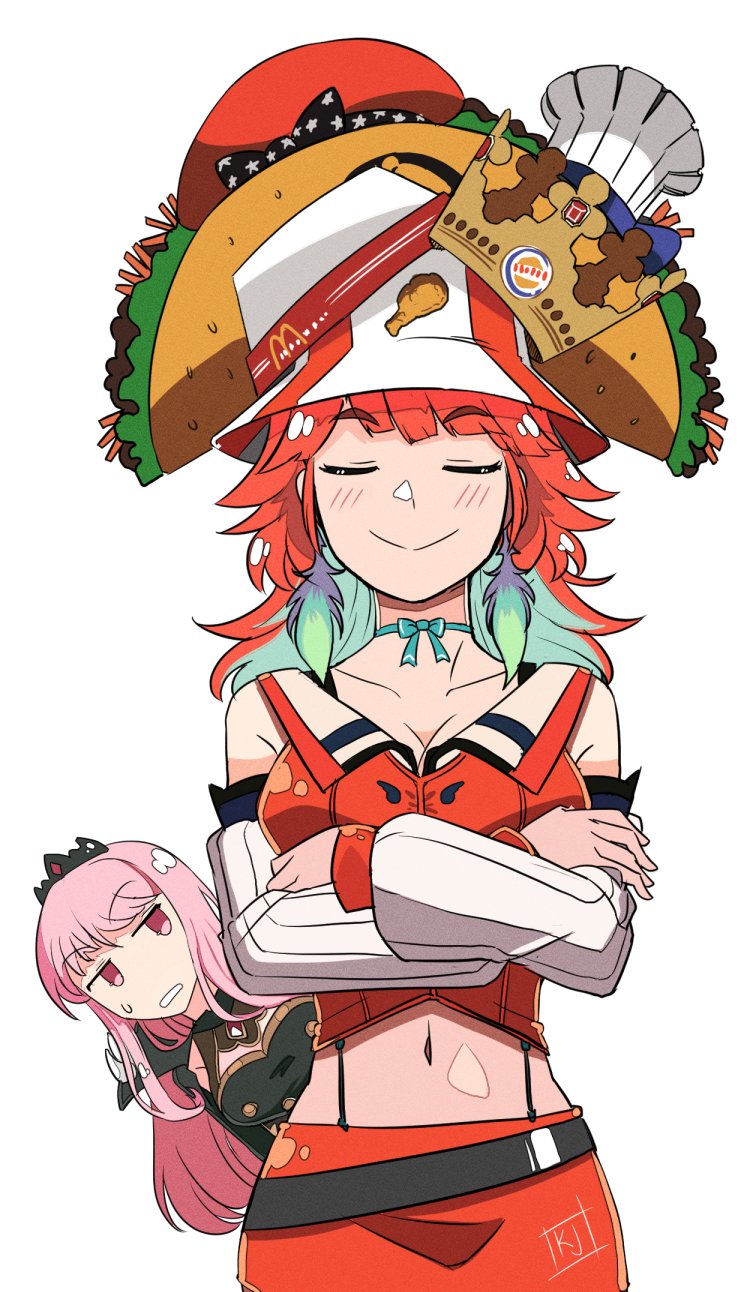 2girls, burger_king, closed_eyes, crossed_arms, detached_sleeves, eyebrows_visible_through_hair, green_hair, hat