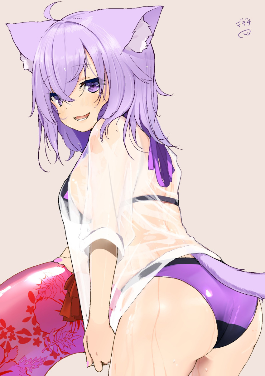 1girl, :3, ahoge, animal_ears, ass, bangs, bikini, cat_ears