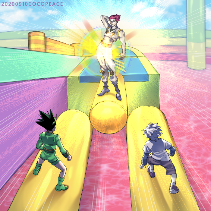 3boys, artist_name, black_hair, boots, cocopeace, dated, fall_guys, full_body