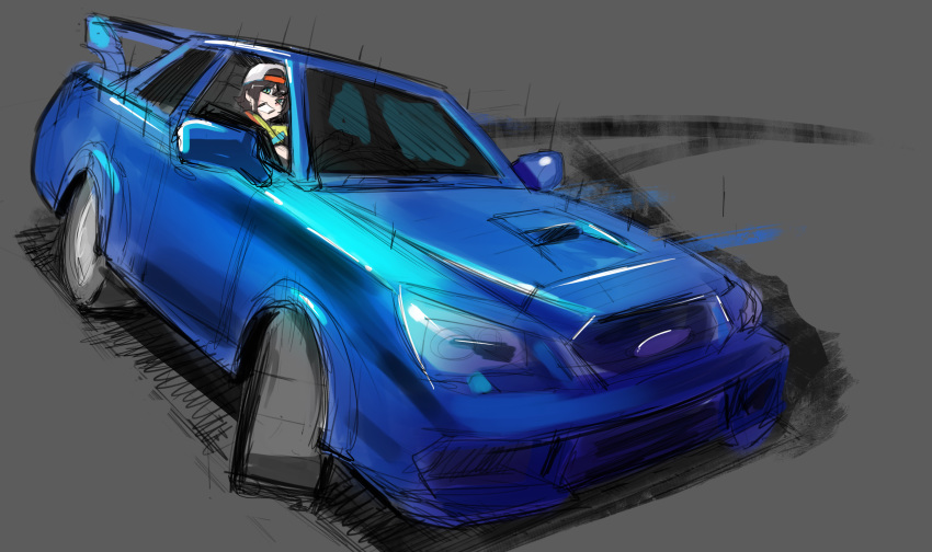 1girl, absurdres, backwards_hat, blue_eyes, brown_hair, cosmikaizer, drifting, driving