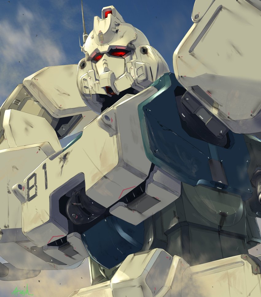absurdres, artist_name, atsajh, close-up, glowing, glowing_eyes, gundam, gundam_08th_ms_team, gundam_ez8, highres, looking_up, mecha, no_humans, radio_antenna, red_eyes, solo, upper_body